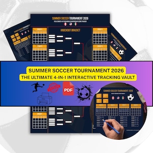May include: A digital Summer Soccer Tournament 2026 4-in-1 interactive tracking vault featuring a dark blue layout with orange grid tables, a knockout bracket, and football graphics. The document includes text headers and a PDF icon.