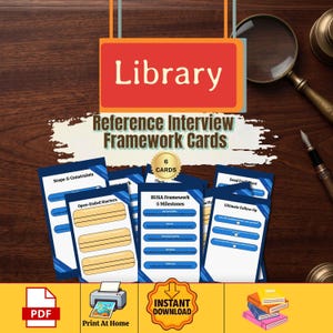 May include: A set of six Library Reference Interview Framework Cards featuring blue and white designs with text including Scope & Constraints, Open-Ended Starters, RUSA Framework 5 Milestones, and Ultimate Follow-Up, presented with a magnifying glass.