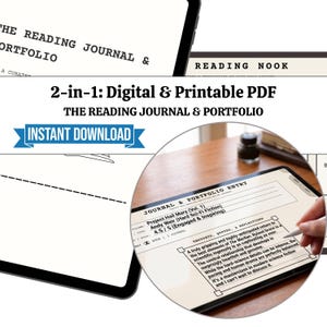 May include: A digital and printable PDF reading journal and portfolio. The image shows a tablet with a journal entry about the book "Project Hail Mary." The text "Instant Download" is displayed on a blue banner. The product is 2-in-1.