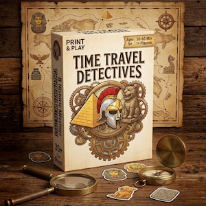 Puede incluir: Una caja de juego rectangular titulada Time Travel Detectives con una ilustración central de una pirámide, un casco romano y una estatua de gato de piedra rodeados de engranajes. La caja incluye texto que indica 8 misiones y 30+ objetos.