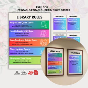 Lot d'affiches de règles de bibliothèque, modèle canva modifiable et PDF prêt à imprimer, enseignes de décoration de bibliothèque scolaire, règles de classe minimalistes imprimables