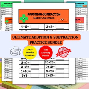 Zusätzlich Subtraktion Math-Karten, 200+ Probleme, Kinder Lernpaket (Digitaler Download)