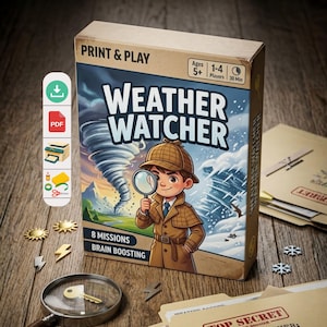 Pode incluir: Uma caixa de jogo retangular intitulada Weather Watcher com um detetive de desenho animado com uma lupa, um tornado e montanhas nevadas. A caixa indica Print & Play, idades 5+, 1-4 jogadores, 30 min e 8 missões. Inclui ícones de download, PDF, impressora, cola, fita e tesoura.