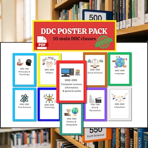 May include: A DDC poster pack featuring 10 main Dewey Decimal Classification classes. The digital PDF set includes colorful rectangular cards labeled 000-999, each displaying a unique icon representing subjects like computer science, religion, and arts.