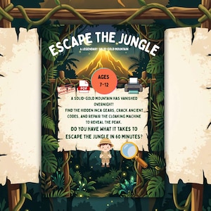 Può includere: Un poster di gioco digitale intitolato ESCAPE THE JUNGLE A LEGENDARY SOLID-GOLD MOUNTAIN con una montagna dorata, fogliame della giungla, una lente d'ingrandimento e un personaggio in tenuta da esploratore. Il testo include istruzioni per una sfida di fuga di 60 minuti.