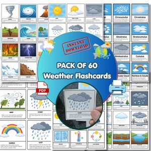 Weather Flashcards- Pack of 60 Flashcards for kids- Montessori materials- classroom resources (Printable)