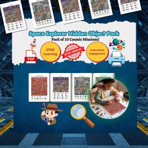 May include: A Space Explorer Hidden Object Pack featuring 10 cosmic mission activity sheets. The digital set includes colorful space-themed search-and-find puzzles with checklists, a PDF icon, and a magnifying glass graphic for interactive play.
