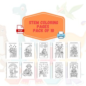 Könnte beinhalten: Ein digitales Paket mit 10 STEM-Malvorlagen im PDF-Format. Die orangefarbene Kopfzeile zeigt den Text STEM COLORING PAGES PACK OF 10. Darunter befinden sich 10 schwarz-weiße Strichzeichnungen, die Kinder bei wissenschaftlichen Aktivitäten darstellen.