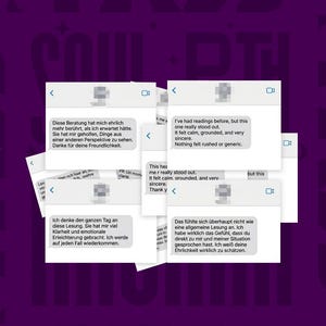 May include: A purple graphic display featuring the word FEEDBACK at the top and the text SOUL PATH ARCANA at the bottom. Multiple overlapping white rectangular message boxes contain various customer reviews in English and German text.