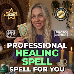 May include: A tarot card featuring a figure in a wreath is held above a wooden table with a deck of cards, two lit yellow beeswax candles in ceramic holders, a green sphere, a purple crystal, and a pink crystal, with text reading PROFESSIONAL HEALING SPELL SPELL FOR YOU.