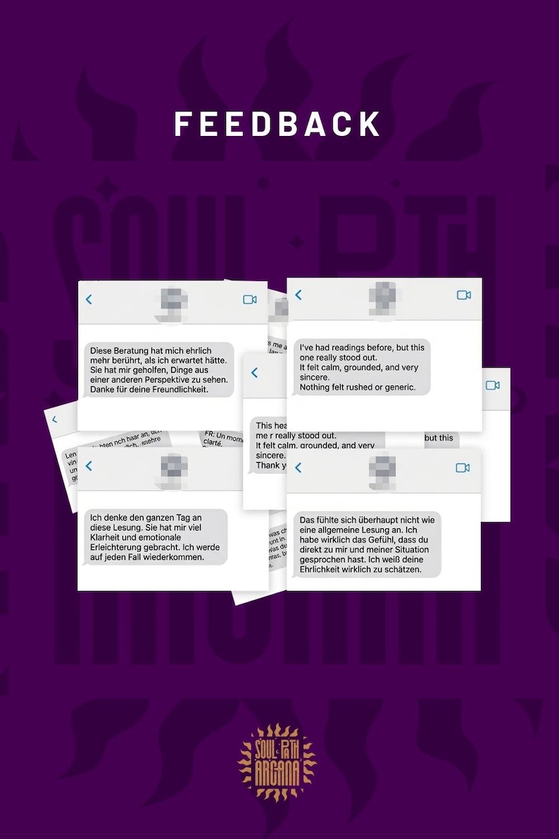 Puede incluir: Una pantalla gr&aacute;fica morada con la palabra FEEDBACK en la parte superior y el texto SOUL PATH ARCANA en la parte inferior. M&uacute;ltiples cuadros de mensaje rectangulares blancos superpuestos contienen varias rese&ntilde;as de clientes en ingl&eacute;s y alem&aacute;n.