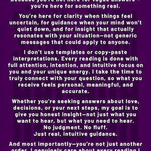 May include: A purple informational graphic with white text titled WHY CHOOSE ME? The text explains a service approach, emphasizing personalized, intuitive readings without templates. At the bottom, a gold logo reads SOUL PATH ARCANA.