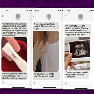 May include: A digital graphic titled FEEDBACK displaying three mobile phone chat screenshots. The messages contain text about life events, a pregnancy test, a couple, and an ultrasound scan, with the Soul Path Arcana logo at the bottom.