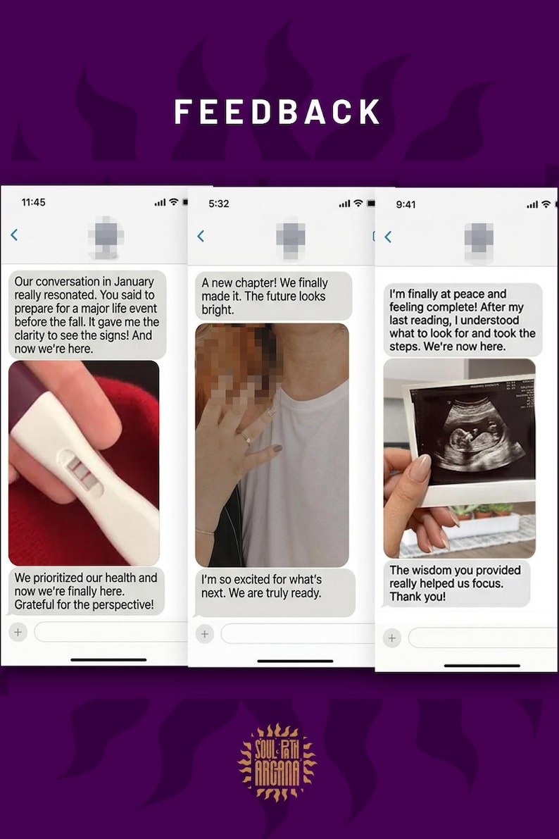 May include: A digital graphic titled FEEDBACK displaying three mobile phone chat screenshots. The messages contain text about life events, a pregnancy test, a couple, and an ultrasound scan, with the Soul Path Arcana logo at the bottom.