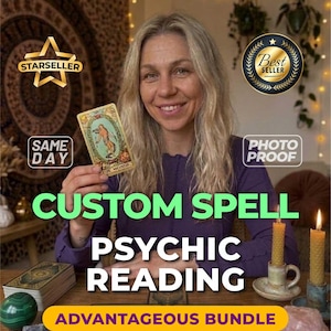 Puede incluir: Una persona con una camisa morada de manga larga sostiene una carta del tarot etiquetada como The World. La imagen incluye el texto CUSTOM SPELL PSYCHIC READING ADVANTAGEOUS BUNDLE, SAME DAY, PHOTO PROOF, junto a insignias de star seller y best seller.