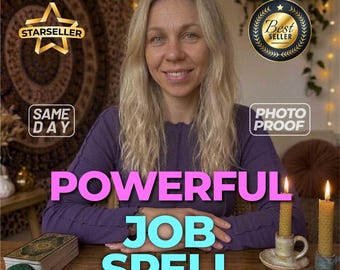 May include: A person with long blonde hair wearing a purple long-sleeve shirt sits at a wooden table with tarot cards, a green sphere, a purple crystal, a pink crystal, and two yellow candles. Text overlays include STARSELLER, BEST SELLER, SAME DAY, PHOTO PROOF, POWERFUL JOB SPELL, and five yellow stars.