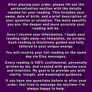 May include: A purple informational graphic with white text titled HOW IT WORKS? explaining the process for a personalised reading. It details providing name, birth date, and situation, receiving the reading via Etsy messages, and confidentiality.
