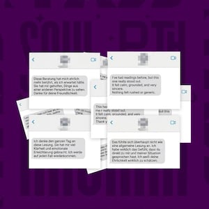 May include: A purple graphic display featuring the word FEEDBACK at the top and the text SOUL PATH ARCANA at the bottom. Multiple overlapping white rectangular message boxes contain various customer reviews in English and German text.
