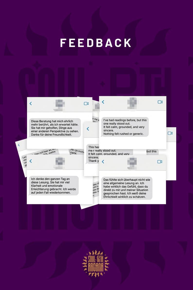 May include: A purple graphic display featuring the word FEEDBACK at the top and the text SOUL PATH ARCANA at the bottom. Multiple overlapping white rectangular message boxes contain various customer reviews in English and German text.