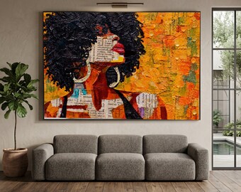 Afro Woman Portrait Canvas Wall Art, Abstract Collage Style, Bold Colors Canvas, Contemporary Female Figure Canvas, Modern Home Decoration