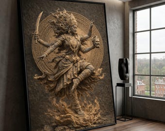 Powerful Goddess Sculpture Canvas, Hindu Deity Wall Art, Spiritual Home Decoration, Mythological Canvas Print, Divine Feminine Artwork