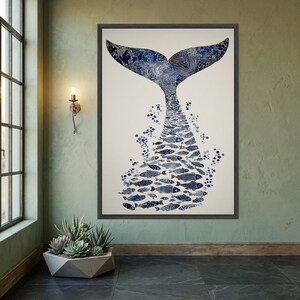 Blue Whale Tail Canvas, Ocean Fish Silhouette Art, Marine Life Wall Decor, Nautical Canvas Wall Art, Coastal Home Decoration image 6