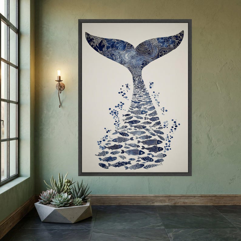 Blue Whale Tail Canvas, Ocean Fish Silhouette Art, Marine Life Wall Decor, Nautical Canvas Wall Art, Coastal Home Decoration image 6
