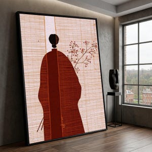 Lienzo Silueta Mujer Minimalista, Arte Asiático, Figura con Capa Roja, Rama Botánica, Decoración Moderna Hogar