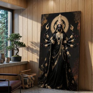 Elegante godin Durga canvas muurkunst, zwart en goud hindoeïstische godheid print, spiritueel interieur, Indiase mythologie kunst, goddelijke multi-gewapende