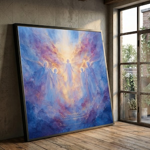 Radiant Angelic Gathering Canvas, Heavenly Light Wall Art, Spiritual Home Decoration, Celestial Figures Canvas, Serene Cloudscape Artwork