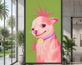 Lienzo con retrato de chihuahua juguetón, decoración de pared moderna de perro estilo pop art, ilustración colorida de mascota, decoración única para el hogar, listo para colgar.