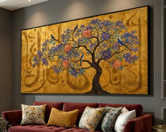 Elegant Floral Tree Canvas Wall Art with Birds, Gold Background Canvas, Botanical Nature Canvas, Vibrant Home Decoration, Ready to Hang