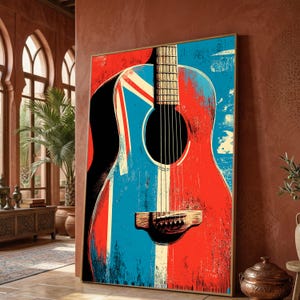 Quadro decorativo de parede com violão acústico, design da bandeira britânica, decoração musical vintage, tela azul e vermelha com a Union Jack, decoração de parede para casa.
