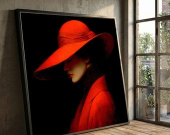 Elegant Woman Red Hat Canvas, Stylish Portrait Wall Art, Fashion Home Decoration, Modern Chic Canvas, Dramatic Light Art Print