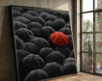Red Umbrella Among Black Umbrellas Canvas, Unique Rainy Day Wall Art, Contrast Color Pop Canvas, Modern Home Decoration