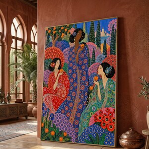 Vittorio Zecchin-stil Canvastavla, Eleganta kvinnor med apelsiner, Blommönster, Dekorativ trädgårdsscen, Färgglatt konsttryck