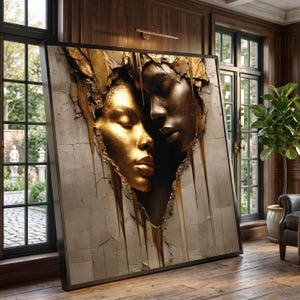 Goldenes Paar Gesichter Leinwand Wandkunst, Abstraktes romantisches Porträt, Metallic Wanddekor, moderne Dekoration, Luxus Leinwanddesign