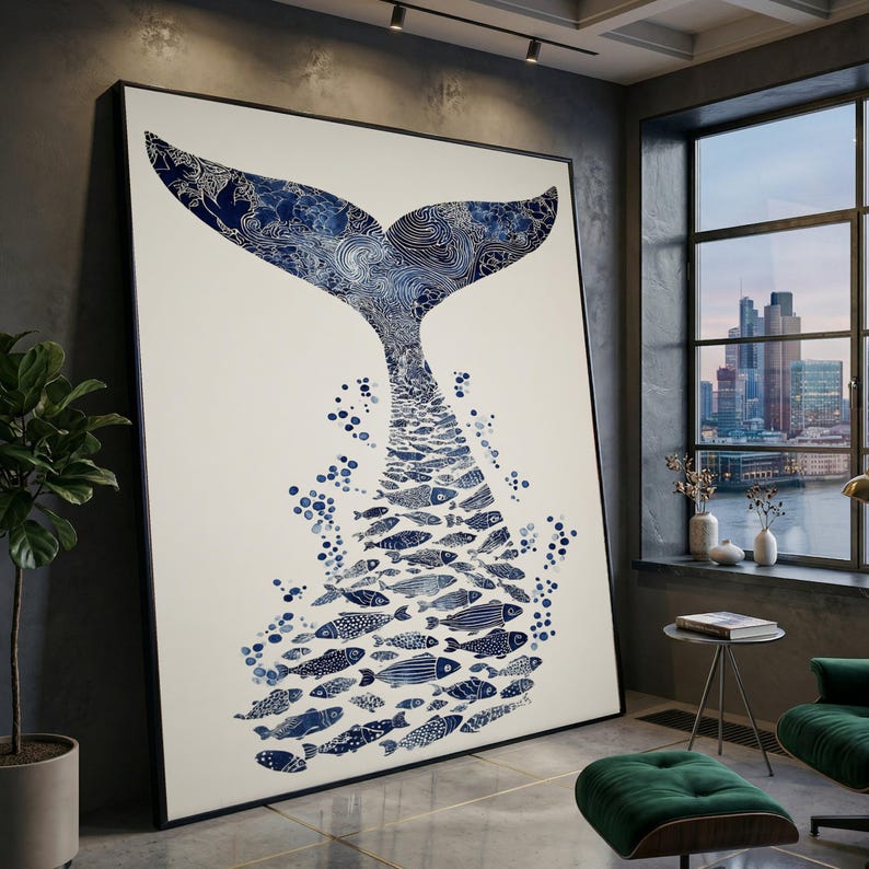 Blue Whale Tail Canvas, Ocean Fish Silhouette Art, Marine Life Wall Decor, Nautical Canvas Wall Art, Coastal Home Decoration image 9