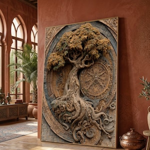 Puede incluir: Una pieza de arte mural rectangular que presenta una escultura en alto relieve de un árbol nudoso con follaje texturizado de color marrón dorado. El árbol se sitúa sobre un fondo circular de piedra con patrones geométricos y un rostro.