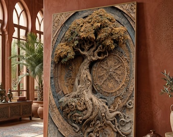 Canvas met de Oude Levensboom, Mystieke Houten Sculptuur voor aan de Muur, Natuur- en Spiritueel Symbool Canvas, Gedetailleerde Houtsnijwerk Woondecoratie