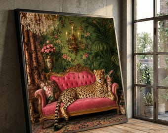 Elegant Cheetah on Vintage Pink Sofa Canvas, Luxurious Animal Wall Art, Floral Green Decor, Exotic Wildlife Artwork, Home Decoration Print