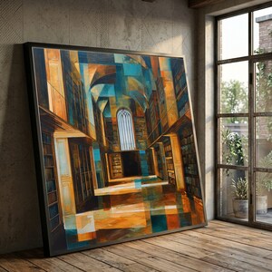 Interior de biblioteca vintage, lienzo geométrico abstracto, arte de pared para estantería, decoración arquitectónica de pared, lienzo clásico para sala de estudio