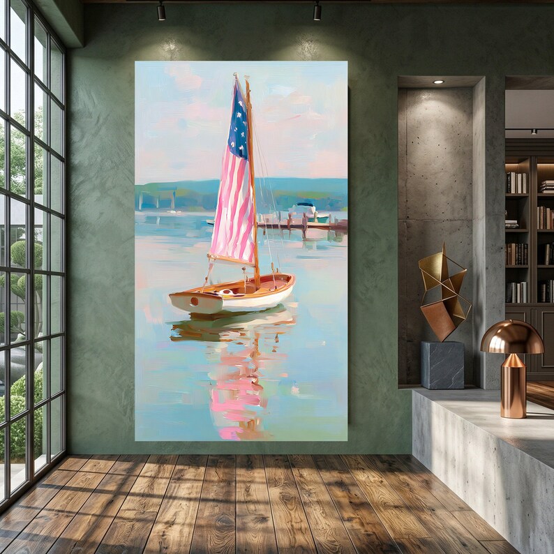 American Flag Sailboat Canvas, Nautical Water Reflection Wall Art, Calm ...