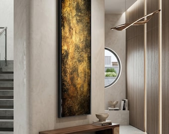 Long Narrow, Golden Abstract Canvas, Rustic Wall Art, Metallic Gold Tones, Contemporary Home Decor, Vertical Canvas Design