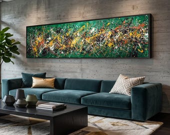 Long Narrow, Dynamic Abstract Canvas Wall Art, Green Splatter Design, Modern Living Room Decoration, Colorful Contemporary Canvas, Ready to