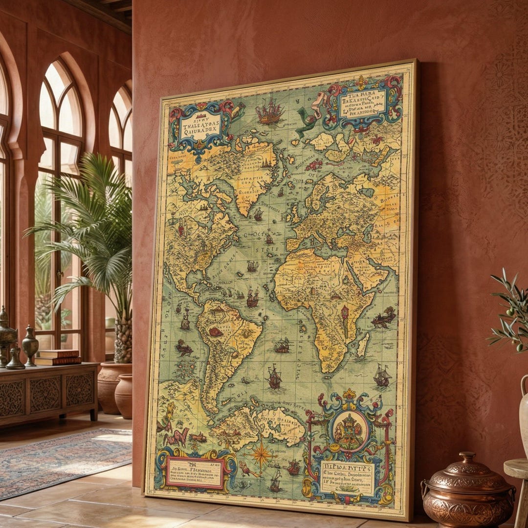 Vintage World Map Canvas, Antique Style Wall Art, Nautical Decor ...