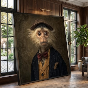 May include: A framed wall art print featuring a portrait of a monkey wearing a brown flat cap, a dark blue blazer, a mustard yellow vest, and a dark red patterned bow tie. The monkey has light-colored fur around its face and dark brown eyes.