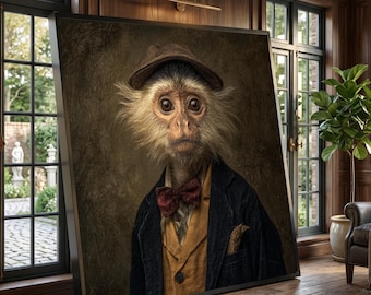 Vintage Dapper Monkey Portrait, Retro Style Canvas Wall Art, Animal Character Decor, Whimsical Home Decoration, Unique Canvas Design