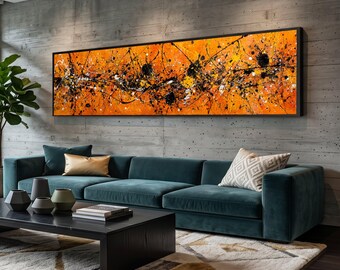 Long Narrow, Energetic Abstract Canvas, Orange Black Splatter Wall Art, Modern Expressionism Decor, Dynamic Home Canvas Art, Ready to Hang