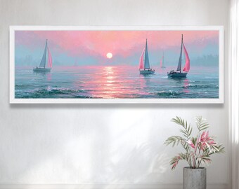 Tranquil Sunset Sailboats Canvas, Ocean Scene Wall Art, Seaside Landscape Canvas, Nautical Home Decoration, Calm Waters Canvas Print